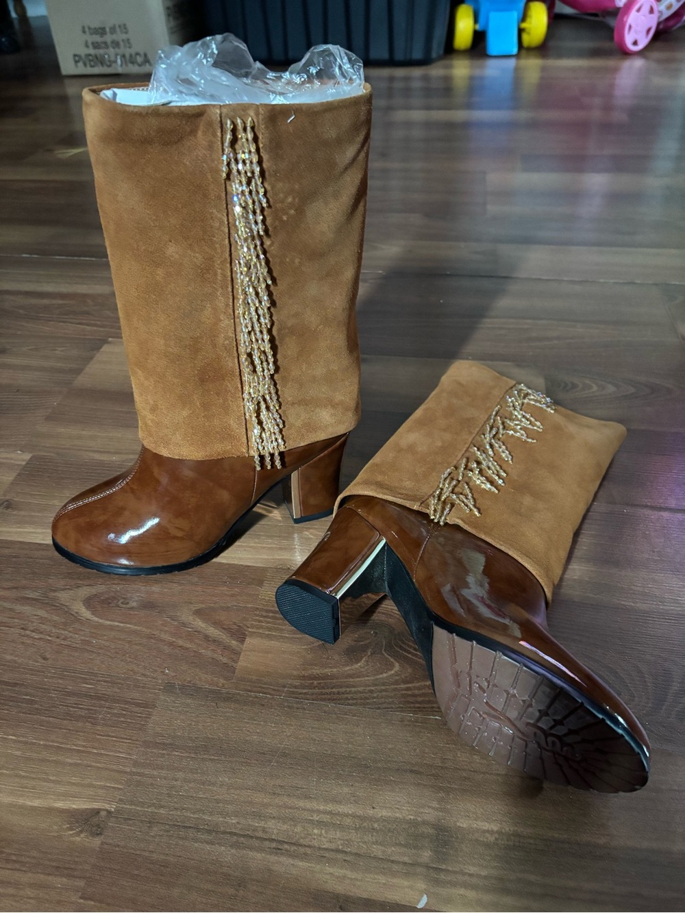 Suede and Patent Mid-Calf Block Heel Boots in Cognac size 6.5